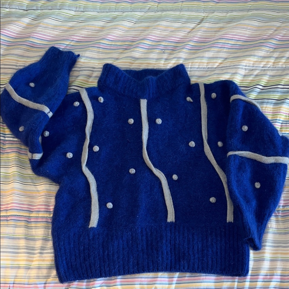 Blue and Gray Women's Mohair Cropped Turtleneck Raglan Sleeve Sweater XS